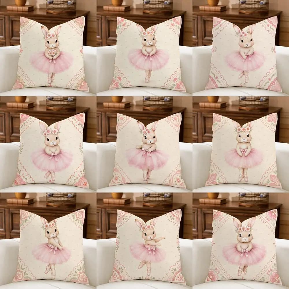Cute pink Girls Ballerina Bunny Cushion Cover Natural Breathable Durable Linen Printed Decor Pillow Case Sofa Bedroom