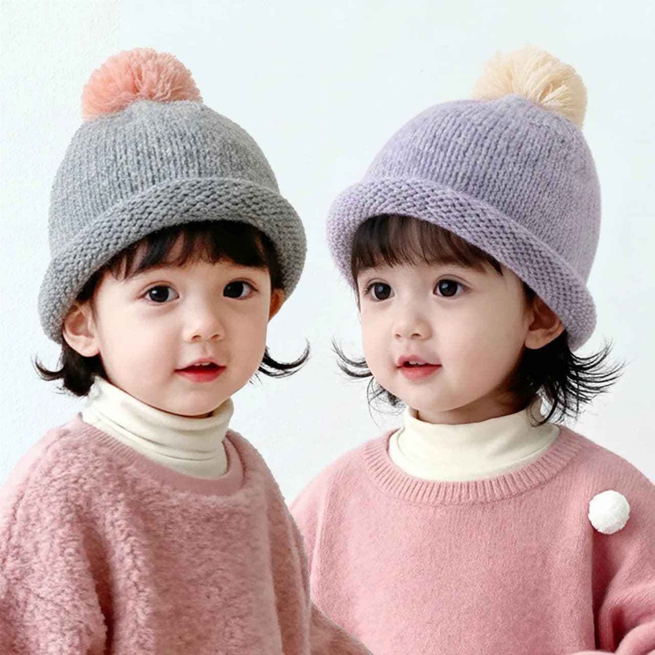 Cute Kids Pompom Beanie Solid Color Woolen Pullover Cap 3-8Year Boy Girl Rolled Edge Crochet Bonnet Baby Knit Ear Protection Hat