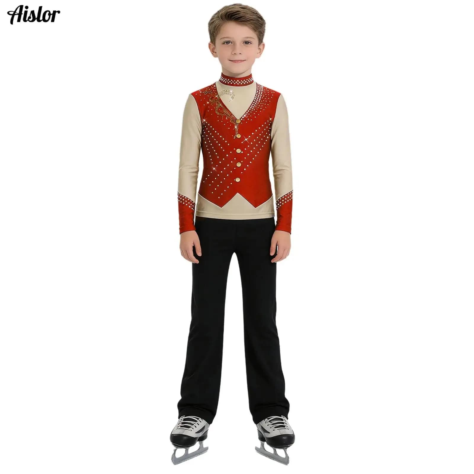 Costumi per Pattinaggio Artistico su Ghiaccio per Bambini e Bambine, Top con Cerniera a Maniche Lunghe con Strass Brillanti e Pantaloni, Set per Balletto