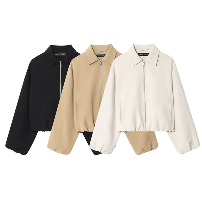 Fashion Luxury Women's Jacket Spring Autumn Pocket Turn Down Collar Zip Up Jacket Woman Korean Texture Puffer Sleeve Short Coat