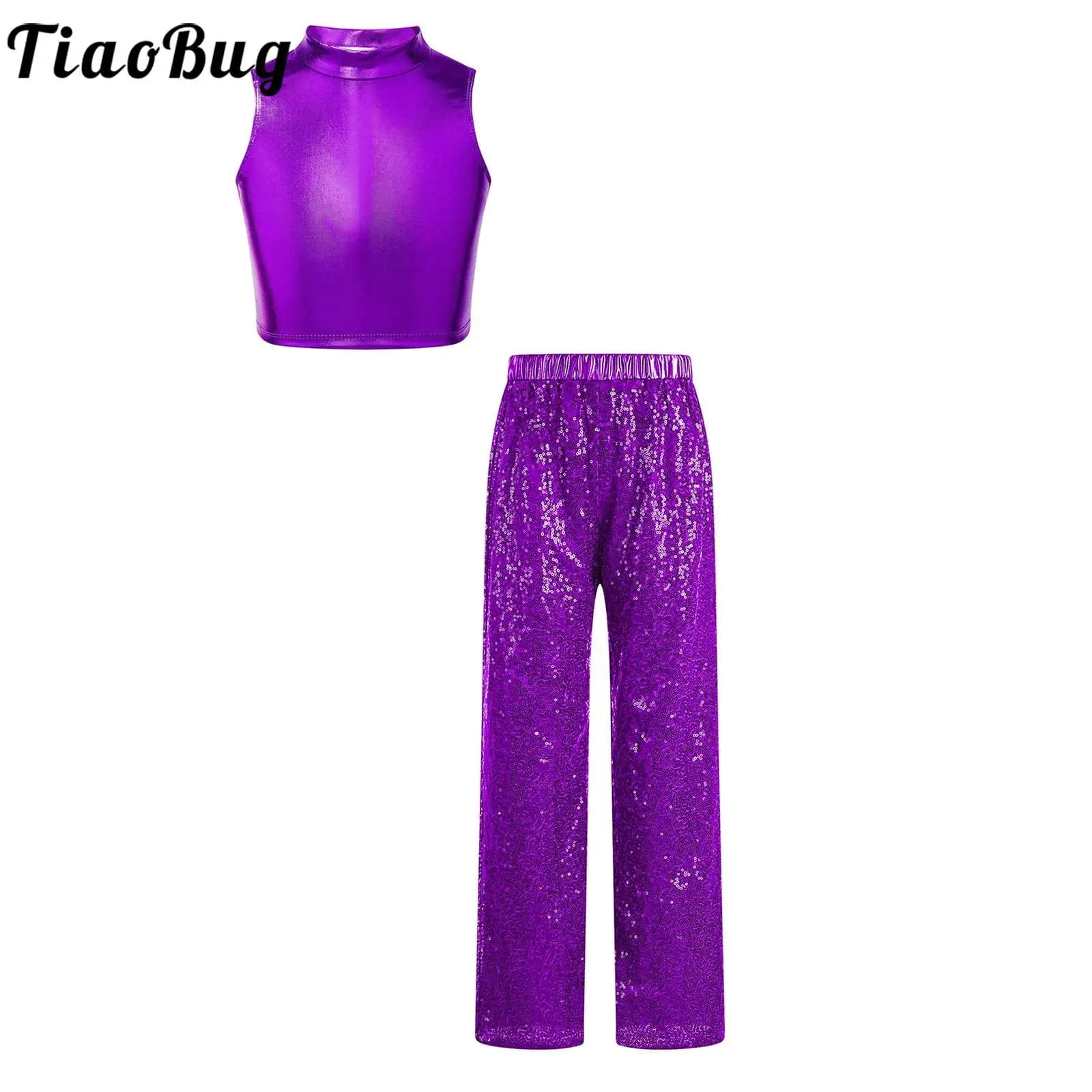 Completo per bambine da ballo jazz e street dance, abbigliamento da cheerleader, vestiti da ballo moderno, top corto senza maniche lucido con pantaloni con paillettes