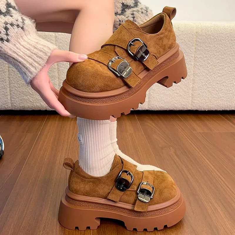 Scarpe da Donna Stile Pancake con Suola Spessa, Punta Rotonda, Chiusura a Bottoni, Alla Moda, Multiuso, Comode, Antiscivolo e Traspiranti