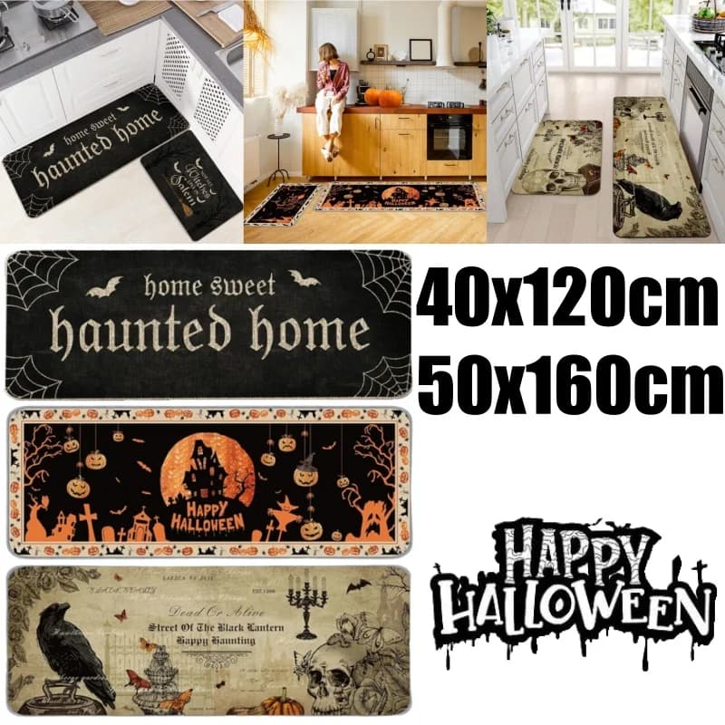 Halloween Kitchen Rug Crystal Plush Skull Pumpkin Doormat Absorbent Dirt Resistant Long Entry Mat for Home Decor