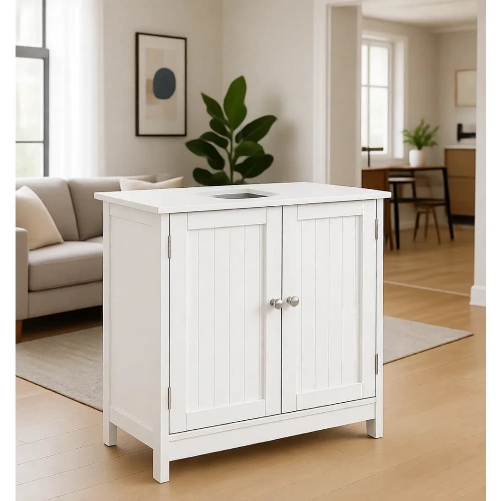 White Pedestal Sink Cabinet 2 Doors Adjustable Shelf Space Saving Bathroom Organizer 23 5/8" W x 11 7/16" D x 23 5/8" H