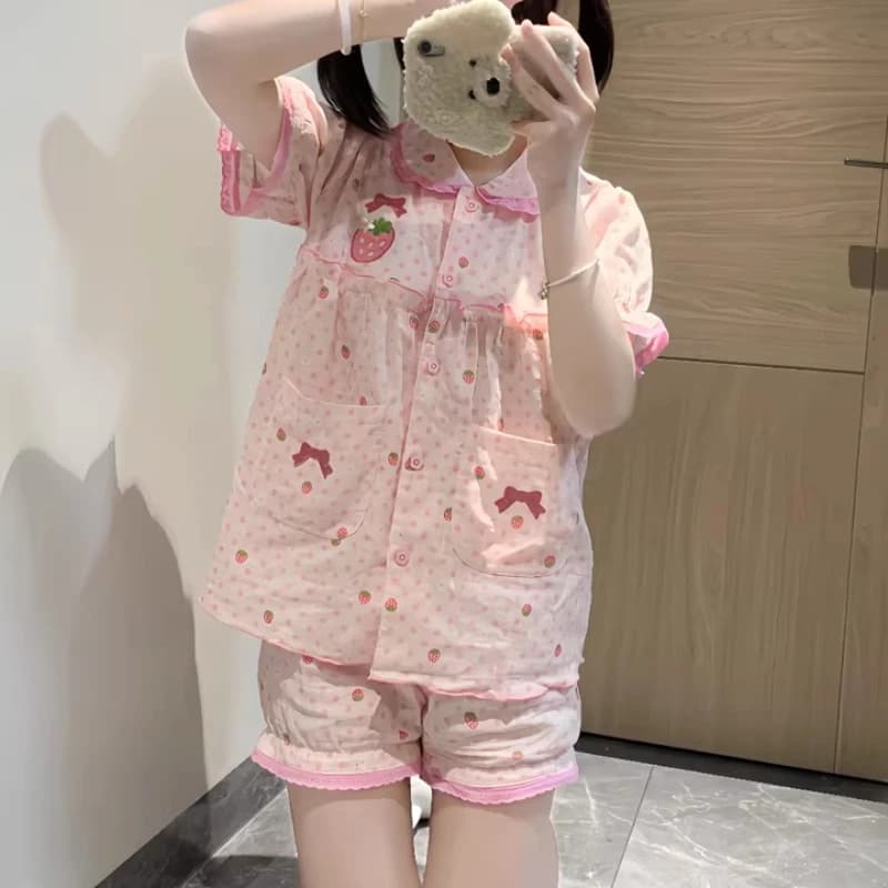 New Pink Polka‑Dot Pajamas Set, Cotton‑Yarn Short‑Sleeve Sleep Top with Cute Fruit‑Embroidered Shorts for Home Night Loungewear