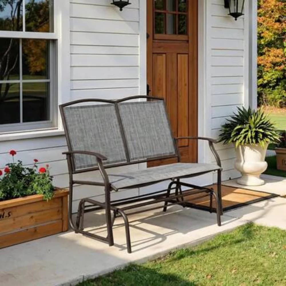 Outdoor Glider Bench 2 Person Patio Glider Chair, Heavy Duty Steel Frame Rocking Loveseat, Grey Cushion for Backyard Porch Poolside Garden Deck, 500 Lb Capacity, All Weather