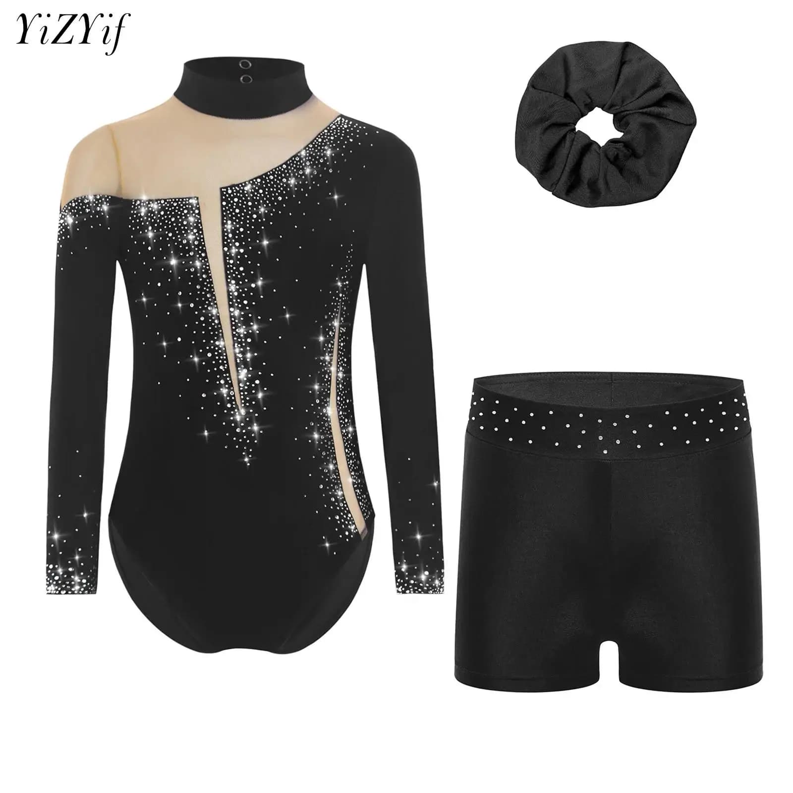 Body per danza classica per bambina con pantaloncini per il corpo Fascia per capelli Manica lunga Abiti da allenamento Ginnastica Jersey Body