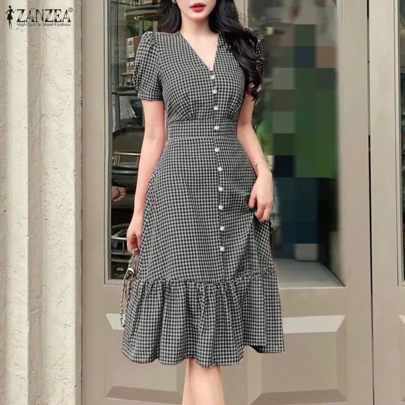 ZANZEA Abito midi elegante da donna estivo con scollo a V, maniche corte a sbuffo, orlo arricciato, abiti a quadretti, abiti casual da vacanza con cintura in vita