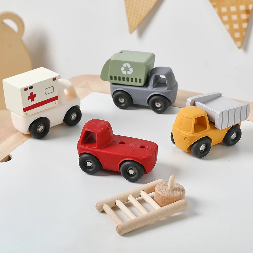 Giocattoli per bambini Dentizione Ingegneria Auto Montessori Giocattoli in silicone Ambulanza Camion ribaltabile Neonato Auto Cose Massaggiagengive Auto giocattolo Regali