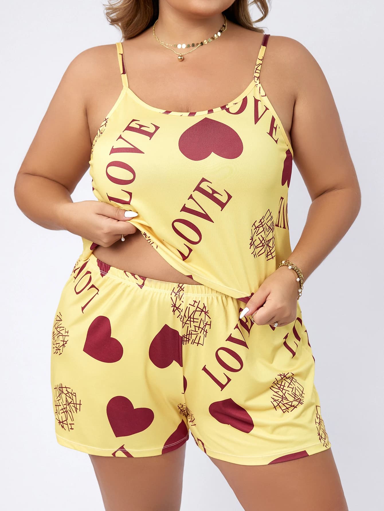 Women's Plus Size 4XL XXXXL summer Heart Love Letter Print 2 Piece Pajamas Set Cami Top Elastic Waist Shorts Loungewear
