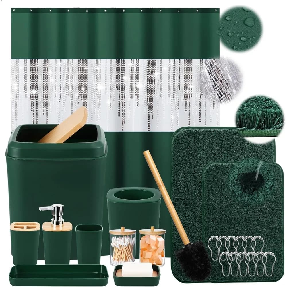 Set da bagno verde scuro con tenda da doccia e tappeti assorbenti Accessori morbidi per tappetino da bagno