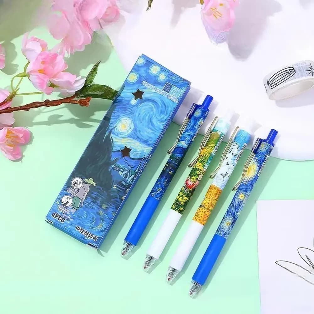 4 Pezzi/Scatola Nuove Penne Gel a Pressione Van Gogh con Pittura a Olio, 0.5mm, Cancelleria, Penne ad Asciugatura Rapida, Inchiostro Nero, Penne a Pressione ST per Esami