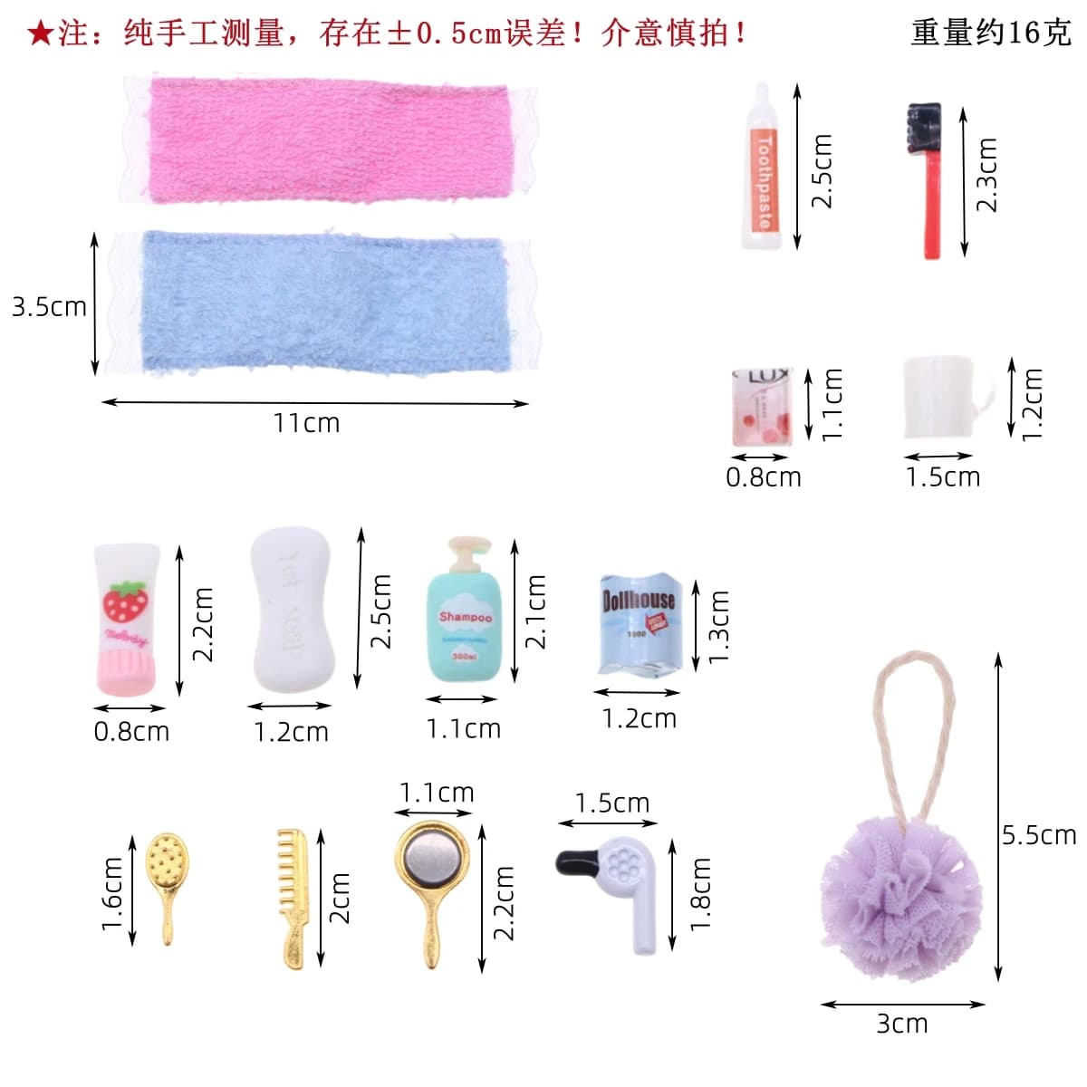 Miniature Bathroom Accessories Kit for Doll House: Hairdryer, Pettine, Dentifricio, Brush, Mini Towel, Shower Gel, Soap