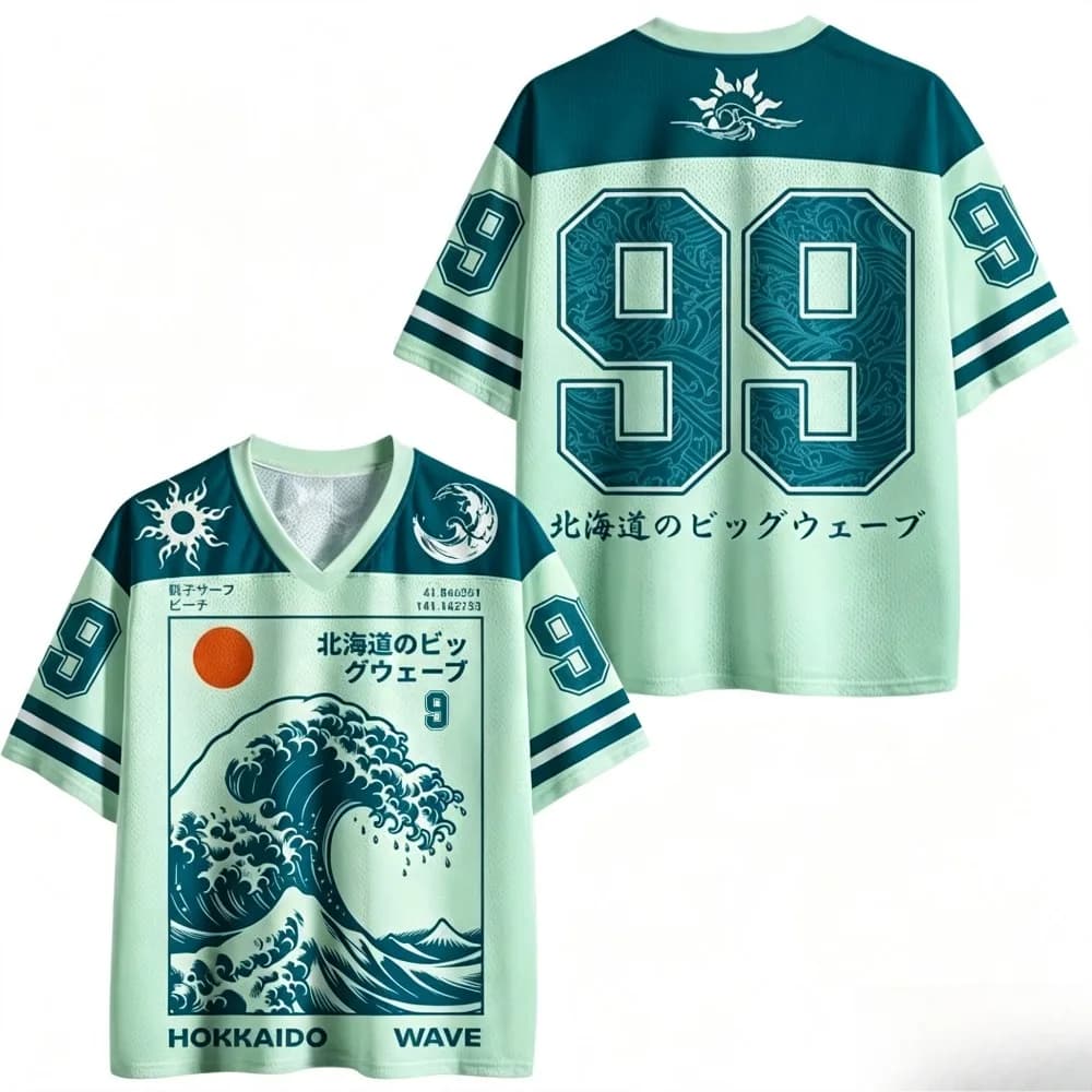 New Japanese Harajuku Style Great Wave Graphic & No.99 Printed Mesh V‑Neck T‑shirt Breathable Short Sleeve Tees for Adult & Kids