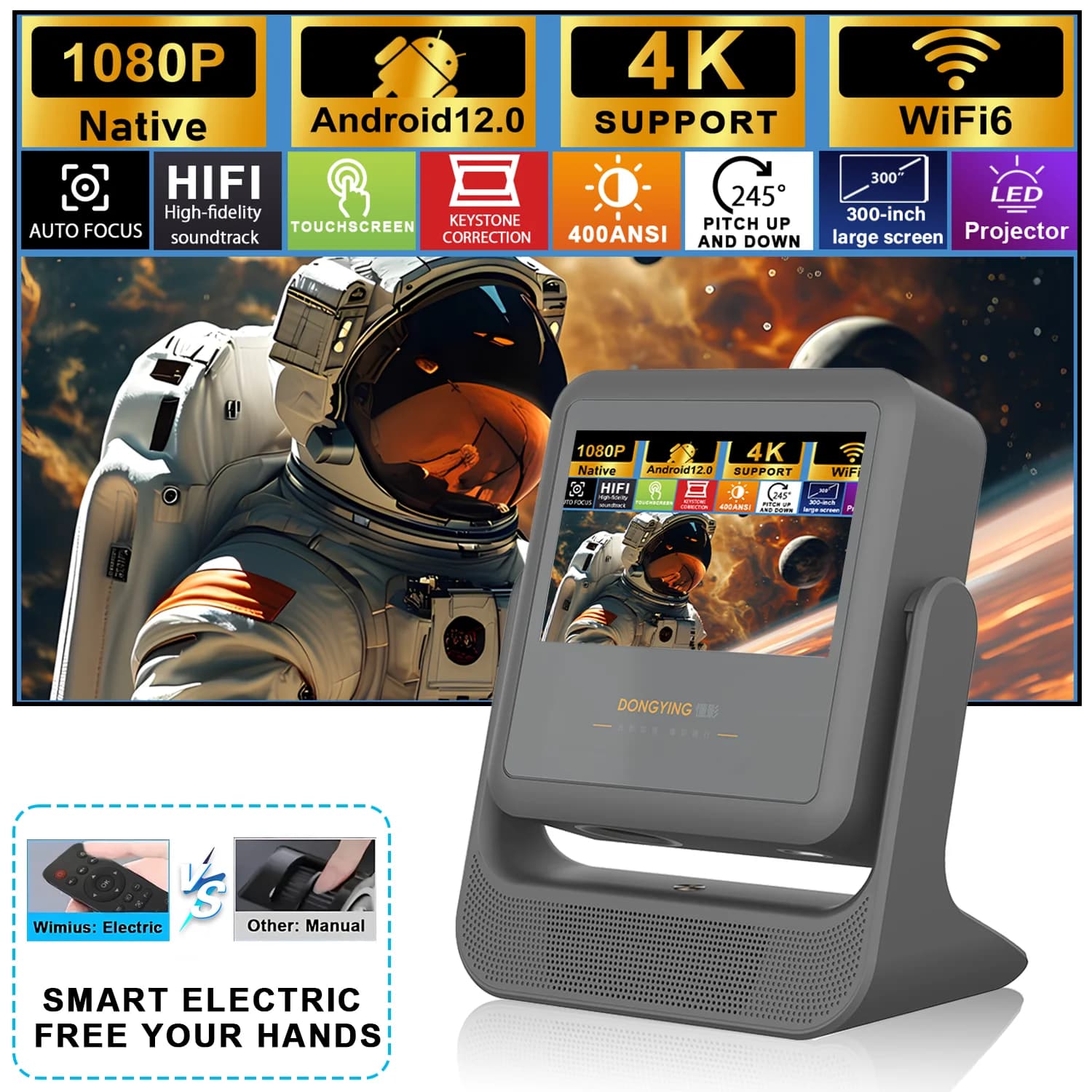 Proiettore YouTube Netflix Ready Touch Panel da 7'', decodifica 1080P 4K - 180 ° Girevole, WiFi 6, BT5.0, HDMI USB Camera da letto Film Night