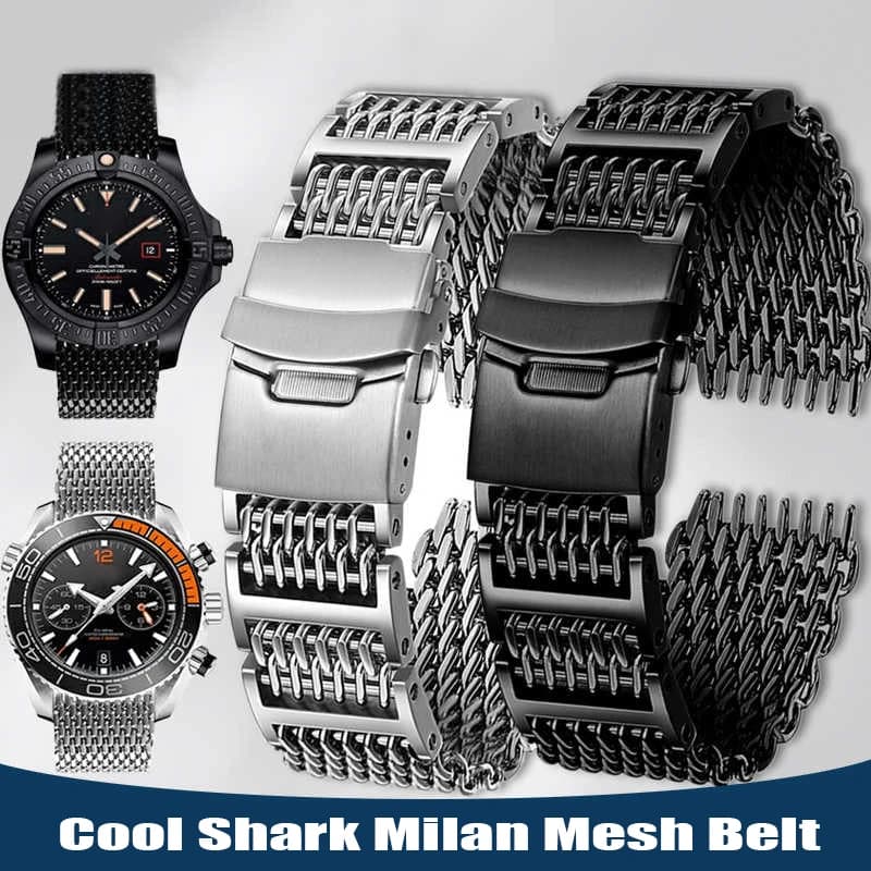 Per Omega Breitling Panerai 20/22/24mm Dive Mesh Milanese Watch bracciale Weaving Double Snap Strap Cool Shark Milan Mesh Belt