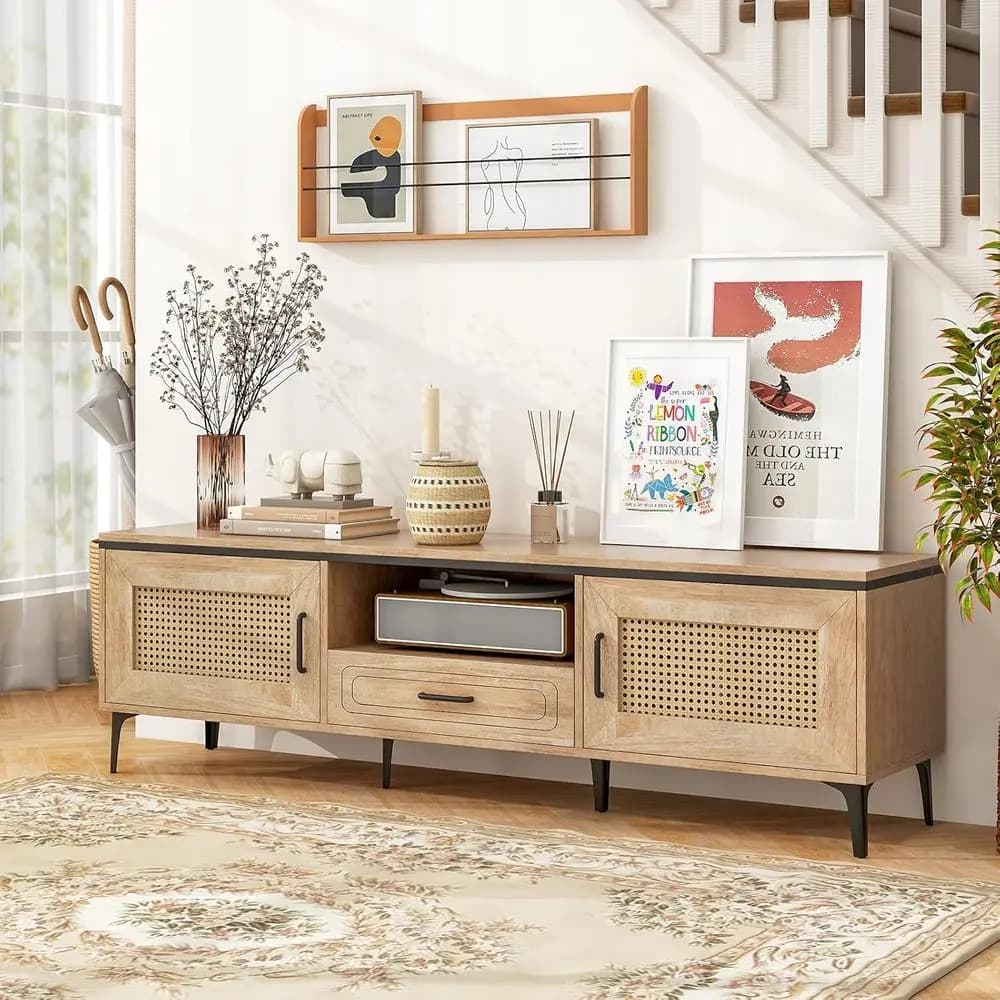 Mobile TV Moderno da 65 Pollici con 2 Armadietti, Ante in Rattan, Gambe in Metallo, Gestione Cavi, Finitura Rovere