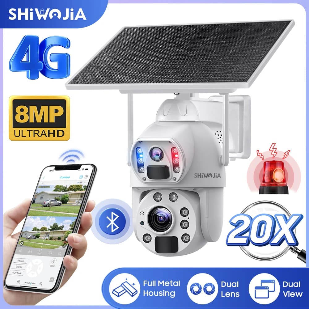 SHIWOJIA 20X ZOOM 8MP 4G SIM telecamera solare esterna 360 ° Wireless WIFI telecamere di sicurezza con pannello solare PIR visione notturna