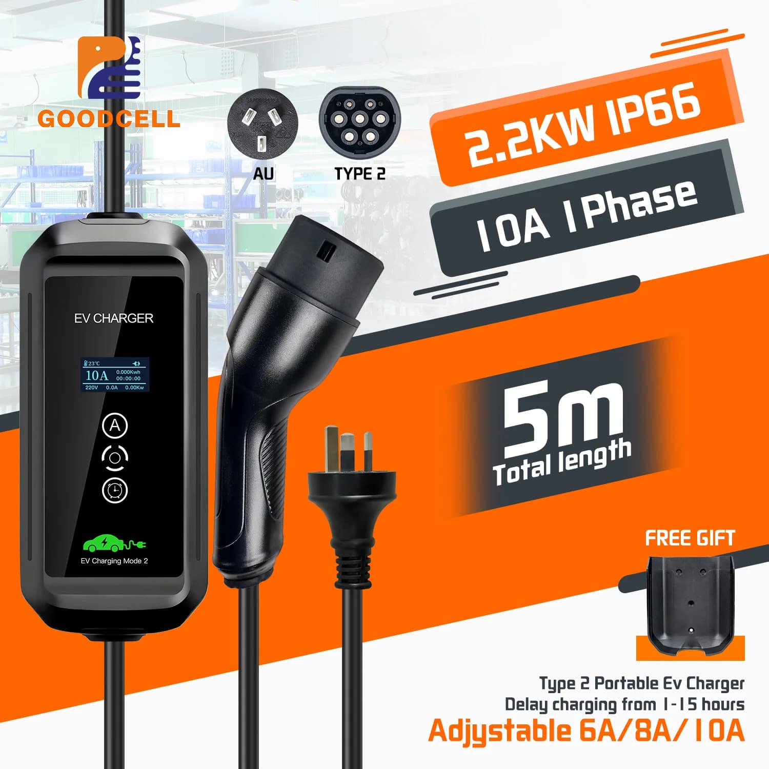GOODCELL AU NZ plug Type2 6/8/10A Caricatore EV regolabile 2.2KW EVSE Car Home Ricarica Uso portatile per spina di ricarica IP 66