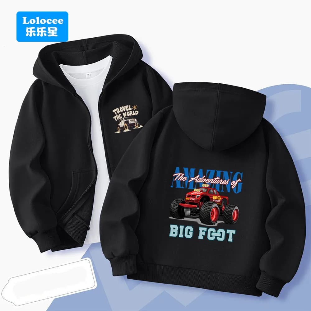Divertenti felpe con cappuccio con zip Cartoon Monster Truck Felpa con cappuccio con stampa Abbigliamento per bambini Ragazzo Ragazza Giacca con cerniera Top DDJC1