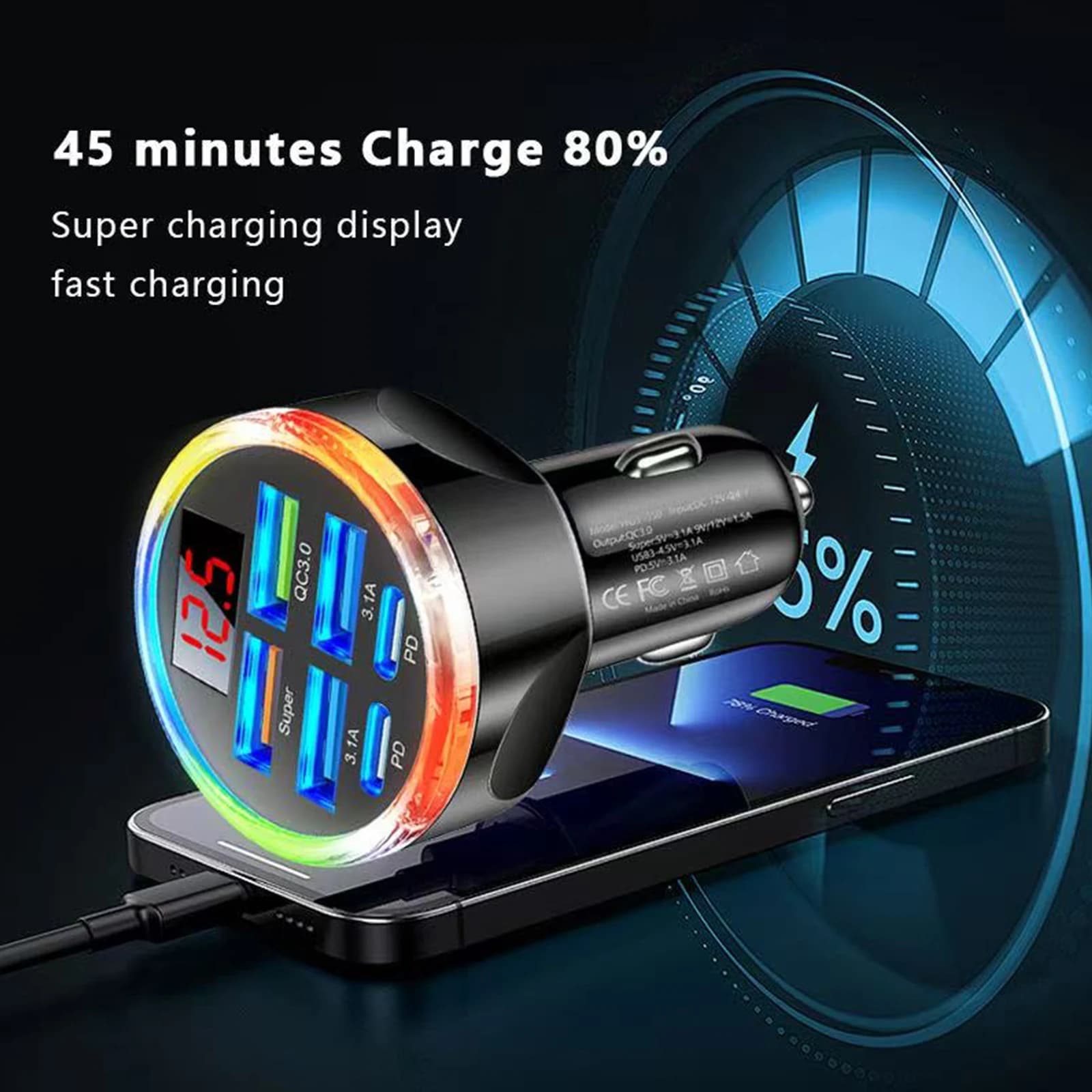6 in 1 Multi Port USB C Car Charger with Volt Meter Super Fast Adapter with Voltage Display Dual PD QC 4.0 for iPhone Samsung