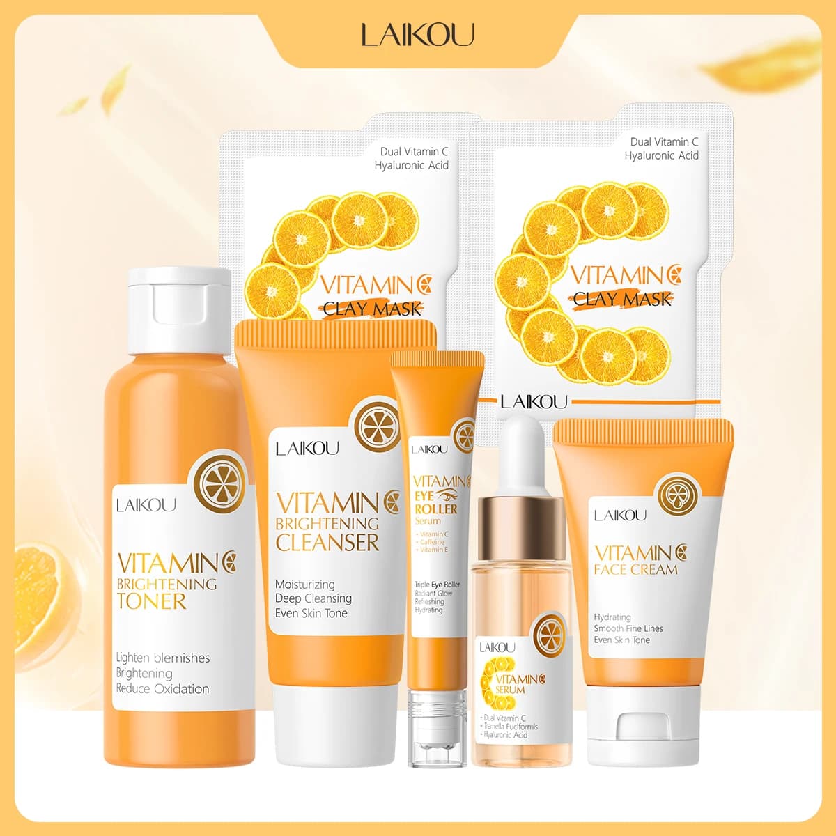 LAIKOU 6Pcs Vitamin C Skin Care Set Cleanser Toner Serum Clay Mask Face Cream Eye Roller Serum Facial Kit