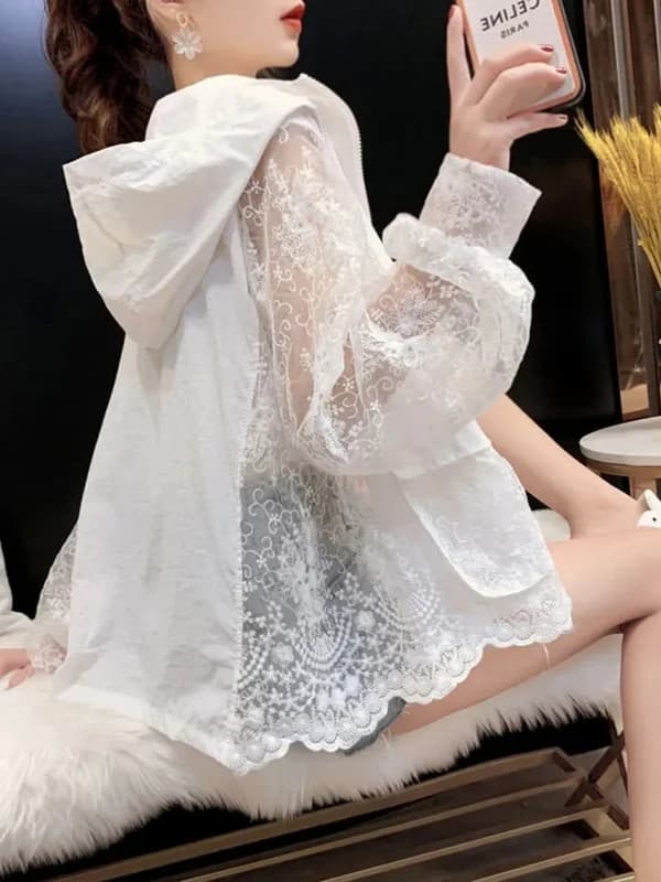 Summer Lace Embroidery UV Protection Jacket Women's Fashionable Short Hooded Thin Cardigan Top Polyester Fiber Long Sleeve