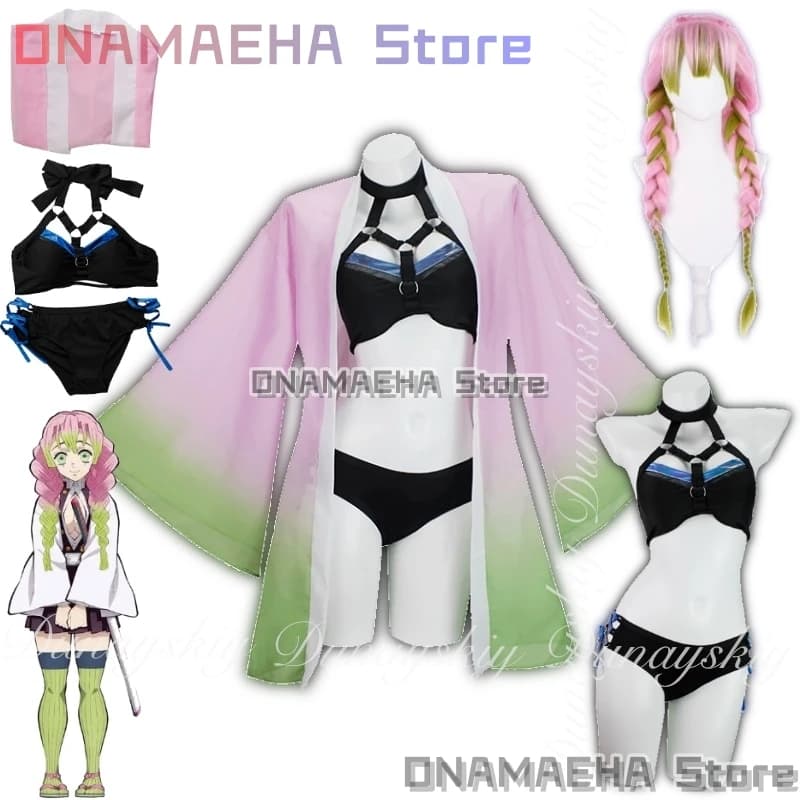 {ONAMAEHA} Anime Kanroji Mitsuri Costume da bagno cosplay Costume da bagno due pezzi Costume da bagno cardigan femminile Set travestimento di Halloween da donna