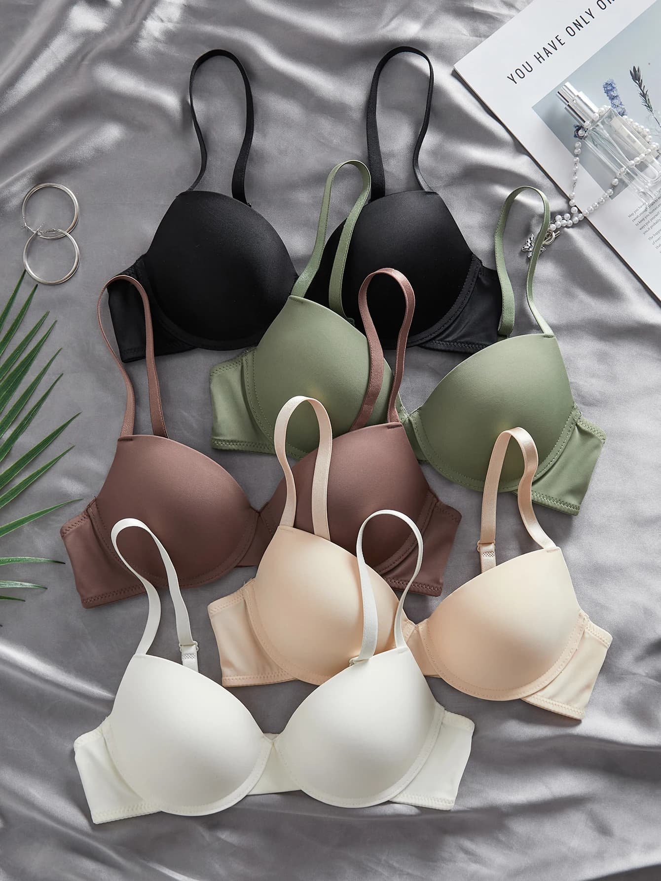 5PCS Solid Basic Women's Bra Smooth Seamless Push-Up Bra Adjustable Straps Underwire Comfortable Unpadded Bras