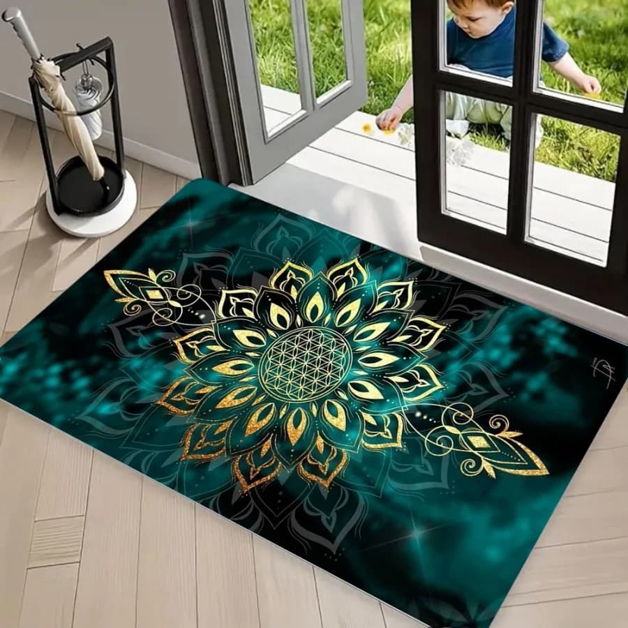 Boho Mandala Flower of Life Area Rug Carpet, Non Slip Floor Mat, Teal Gold Sacred Geometry Washable Front Door Doormat Anti-Skid