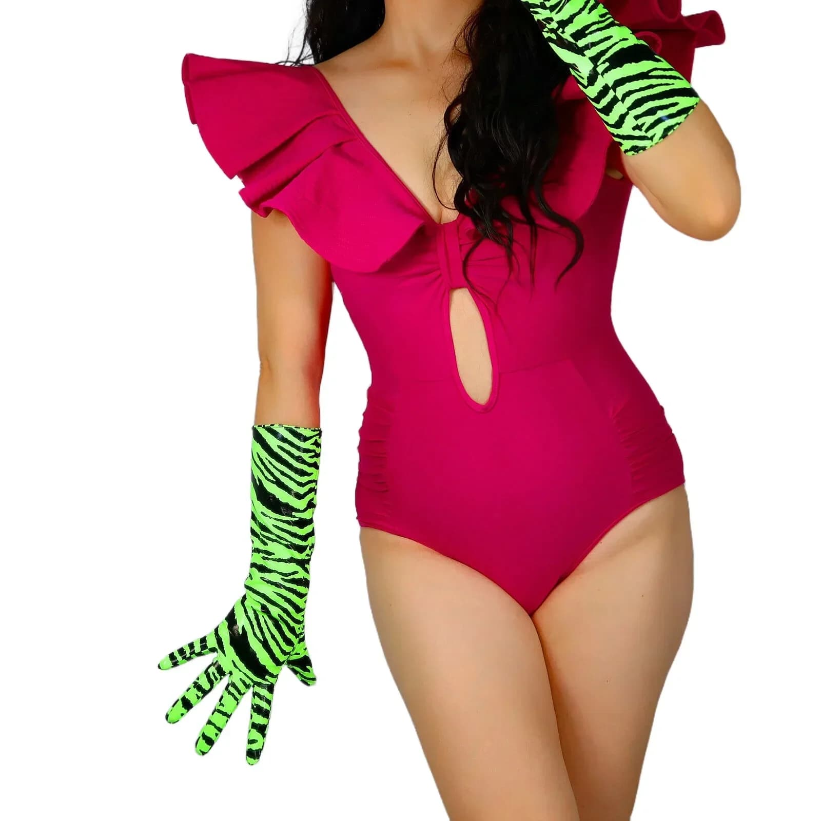 Guanti DooWay in Pelle Zebrata Verde Fluorescente, Lunghi fino al Gomito 40cm, in Finto Lattice Lucido per Cosplay, Serate e Costumi
