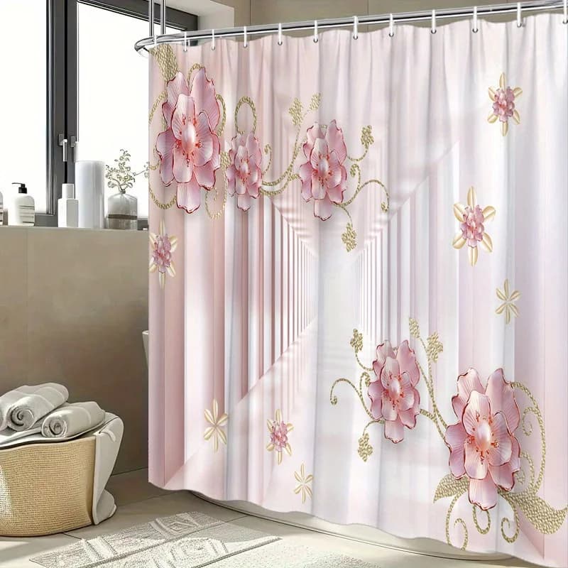 Tenda da doccia floreale rosa 1 pezzo - Filigrana dorata, design pastello morbido, 70,8x70,8", 12 ganci, poliestere