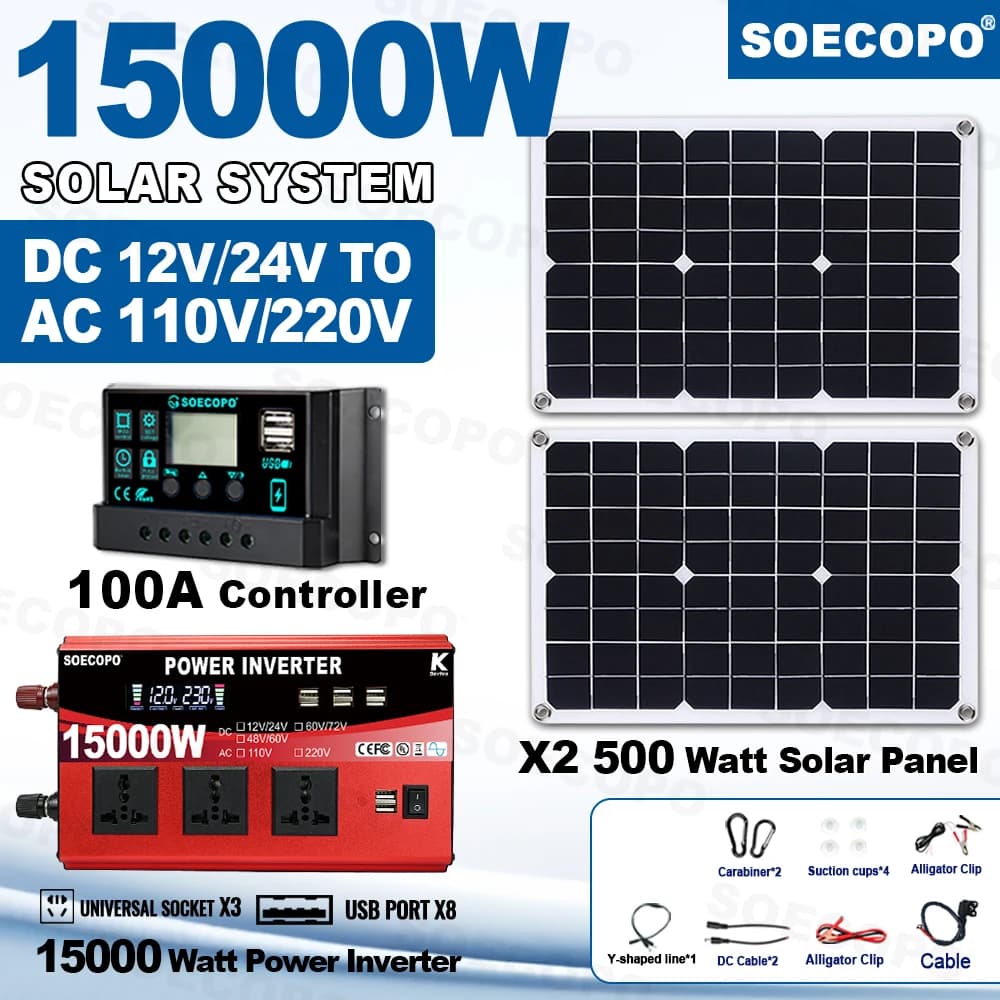 Kit Sistema Solare SOECOPO 15000W di Potenza Massima, 2 Pannelli da 500W, Inverter da 12V/24V a 110V/220V, 8 Porte USB, 3 Prese, Regolatore 100A per Campeggio e Casa