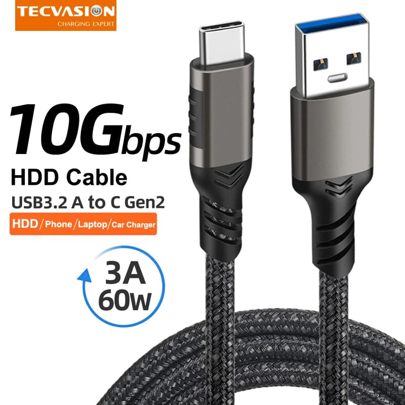 USB3.2 10Gbps USB Tipo C Cavo USB A a C 3A 60W QC3.0 Ricarica rapida per Samsung NVMe Hard Disk Esterno Android Data Treccia 2M