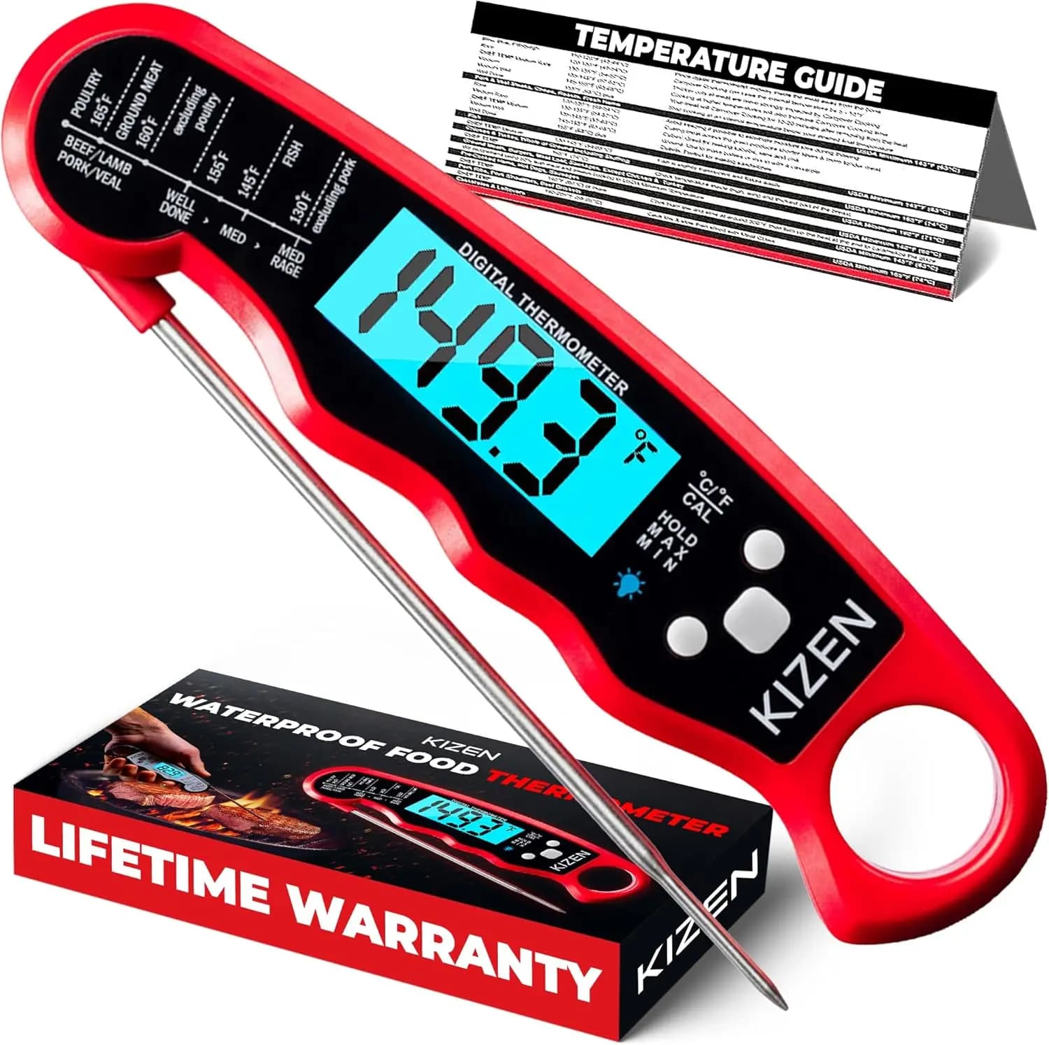 Digital thermometer for instant reading meat to cook, grill, oven and barbecue - Waterproof with backlit display