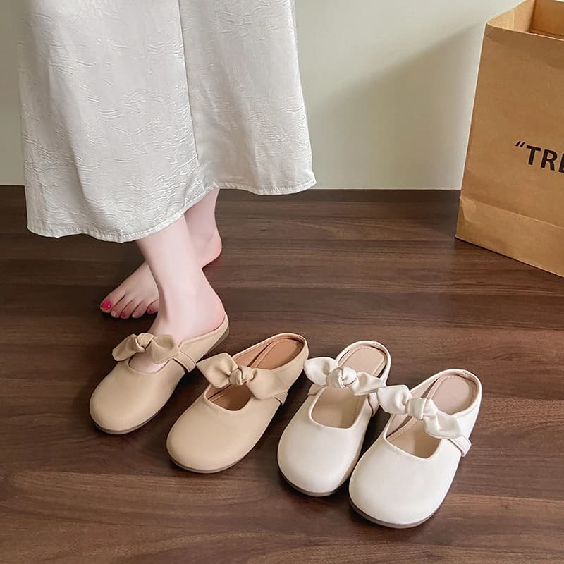 Women Round Toe Bow Knot Mule Slippers Closed‑Toe Slip‑On Flat Backless Shoes Casual Summer Loafers Off‑White Khaki
