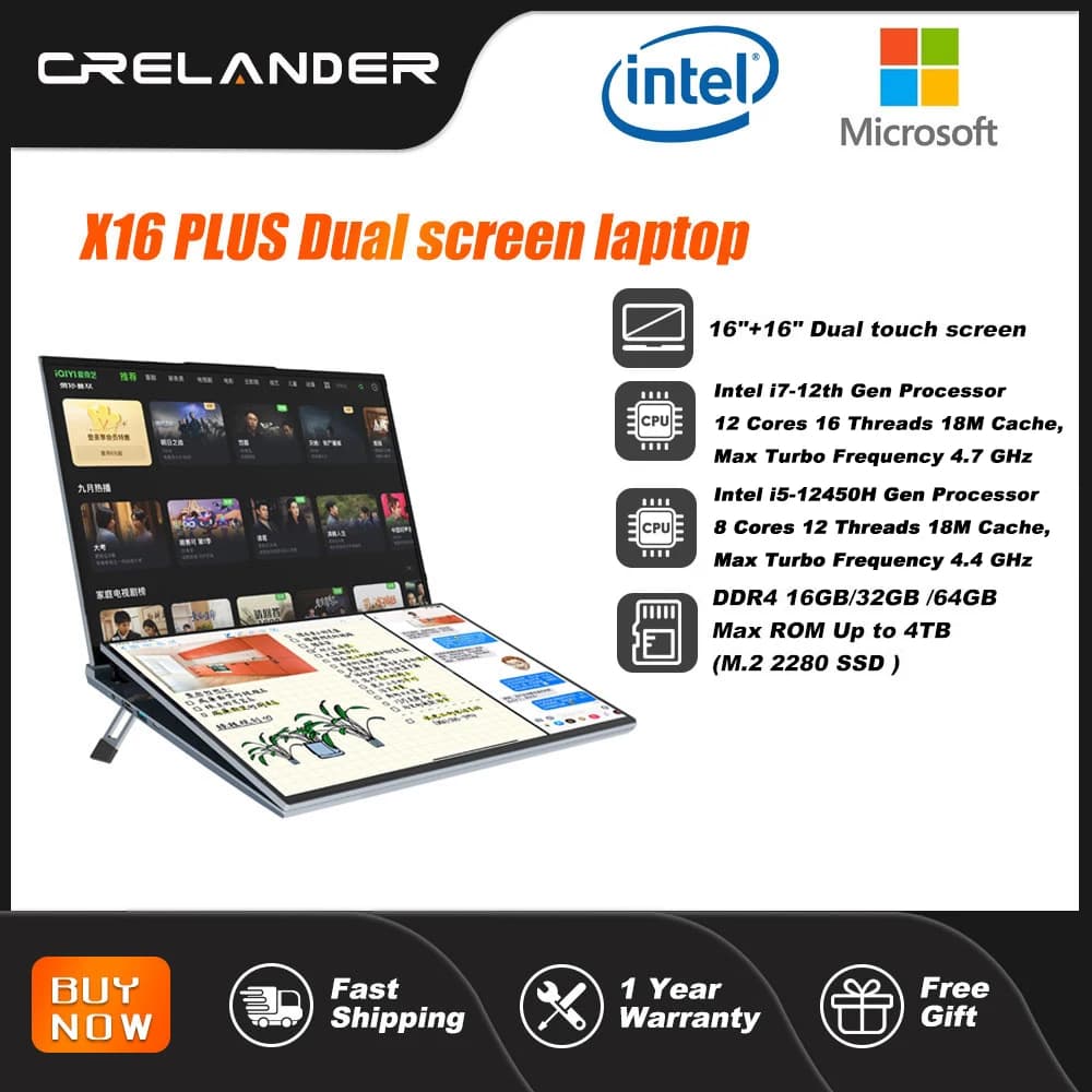 CRELANDER 16 "Dual Touch Screen Laptop Intel i7 12th Gen 12 core schermo IPS 32GB RAM M2 SSD Windows 11 Computer portatile Intel