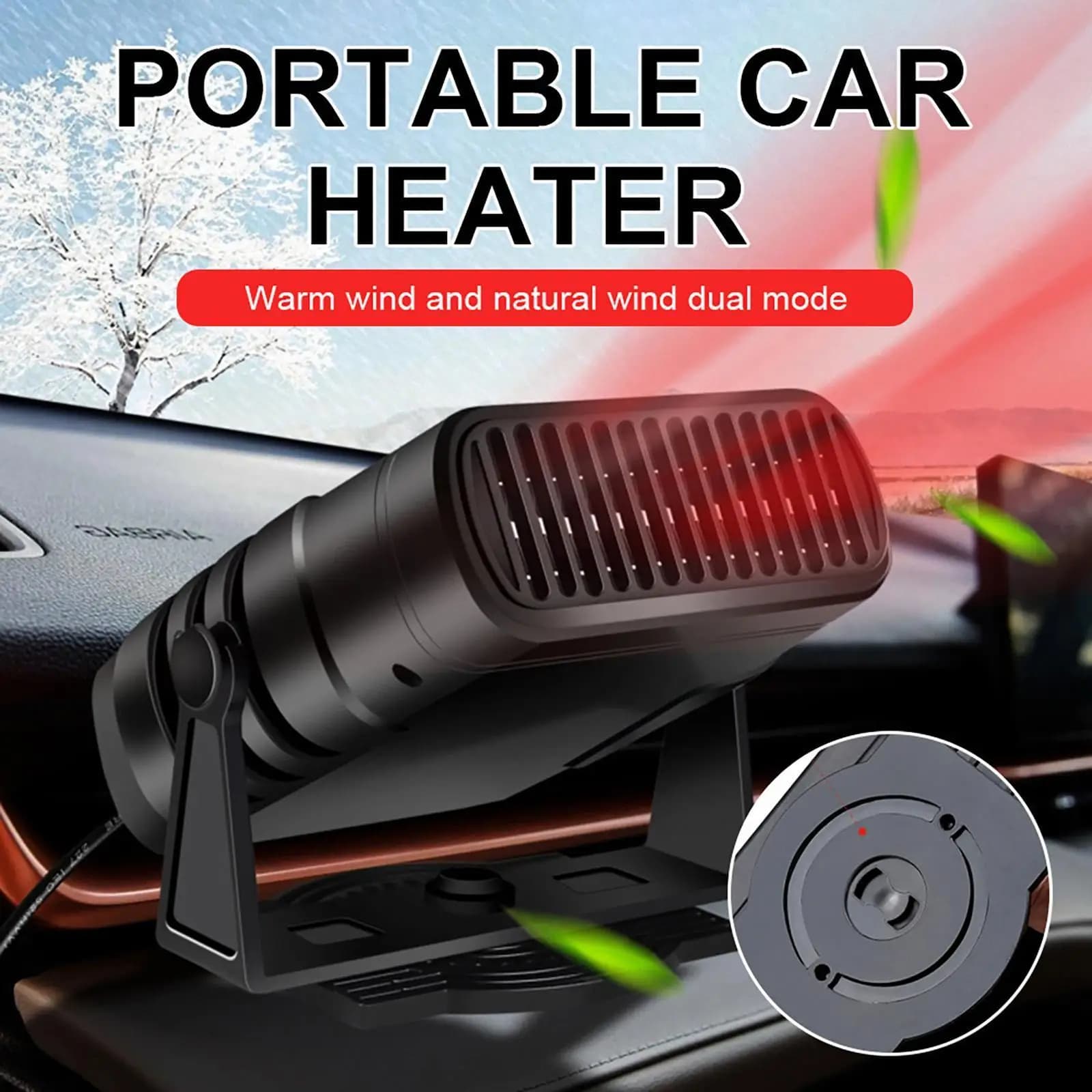 Riscaldatore Elettrico 2 in 1 12V/24V con Ventola Rotante a 360 Gradi, Sbrinatore e Antiappannamento per Parabrezza Auto, Riscaldamento Rapido