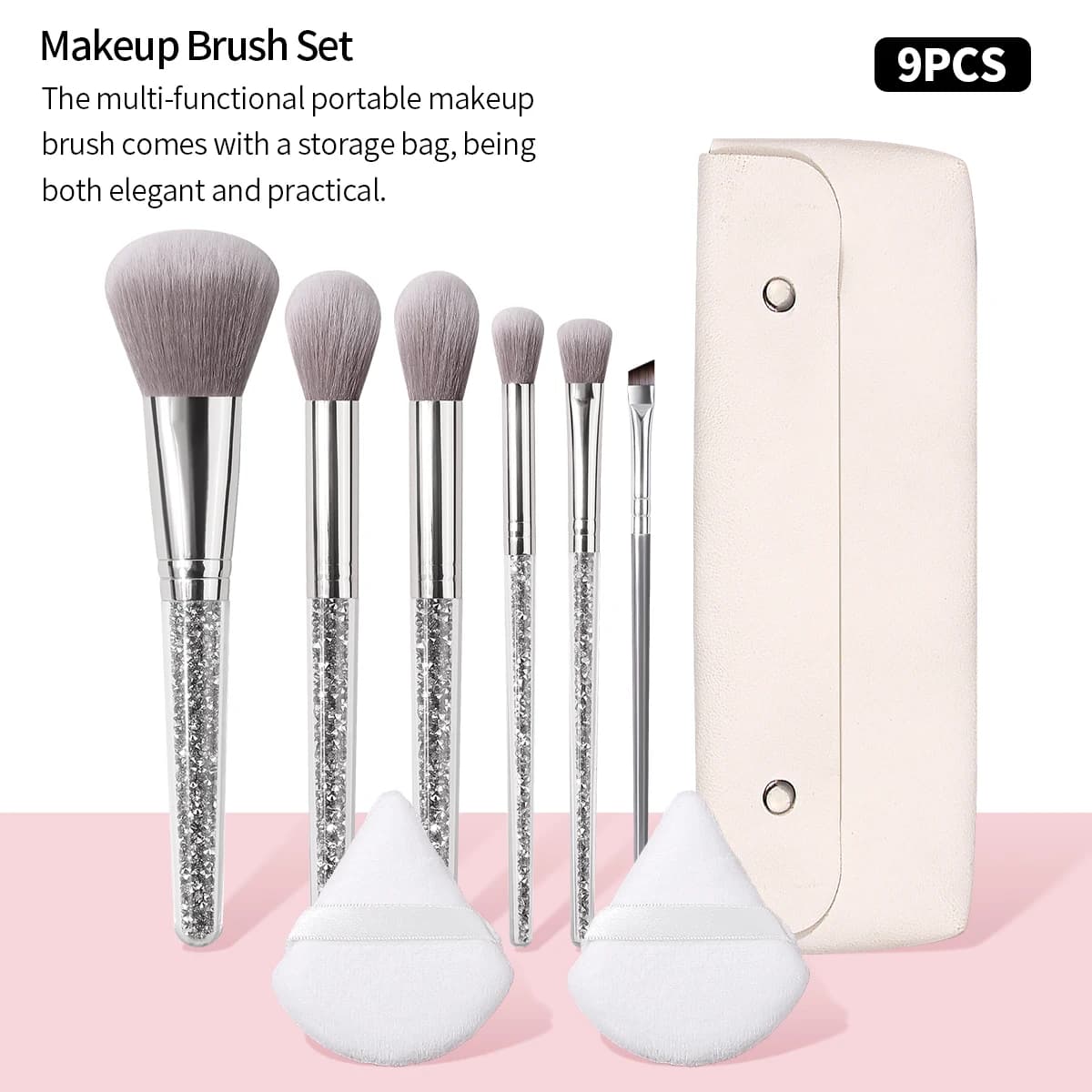 9Pcs Glitter Handle Makeup Brushes Set with Triangle Powder Puff Portable Storage Bag Foundation Blush Eyeshadow Blending Tools