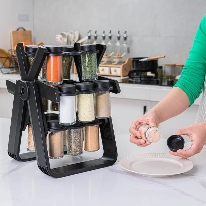 Rotating Ferris Wheel Spice Rack Set With 18 Glass Condiment Bottles Revolving Seasoning Jar Organizer Stylish Countertop Kitche