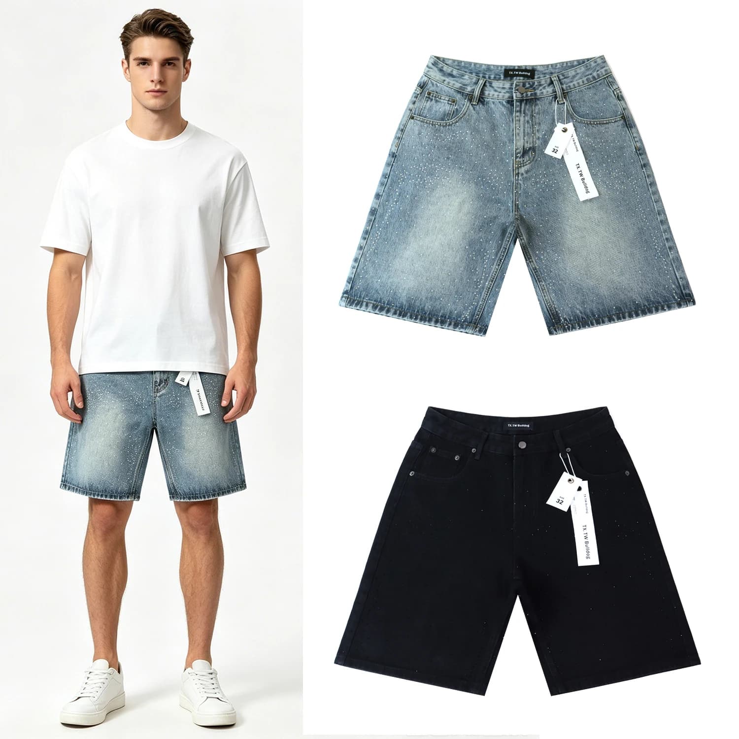 Pantaloncini Jeans Streetwear Neri Blu con Diamanti Scintillanti per Uomo e Donna, Vintage Baggy con Strass, Oversize