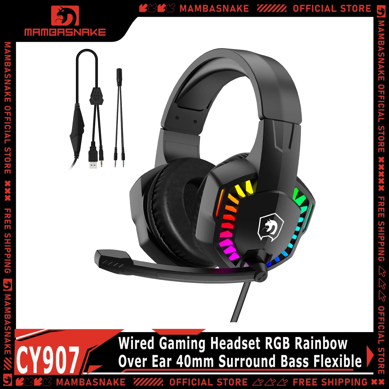 MAMBASNAKE CY907 Wired Gaming Headset RGB Rainbow LED Over Ear Headphones 40mm Surround Bass Flexible Noise Reduction Mic For PC