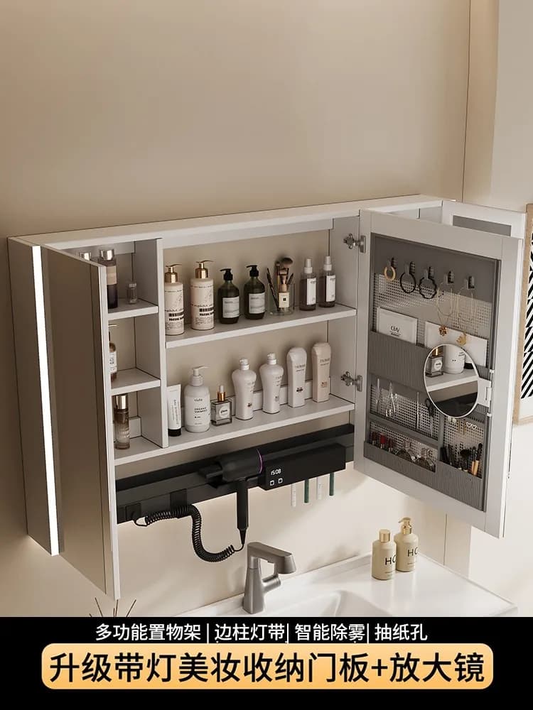 Armadietto a specchio da bagno separatamente a parete con lampada antiappannante bagno asciugacapelli specchio di bellezza in legno massello