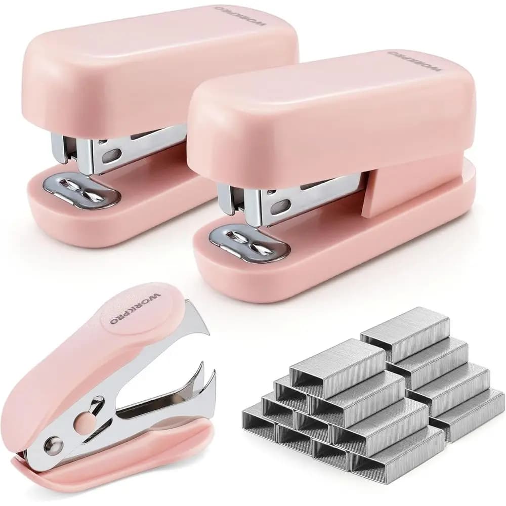 Pink Mini Stapler Set: 2 Small Staplers, 1 Remover, 2000 Staples, Non-Slip Base, Lock Design, Ribbon Decor