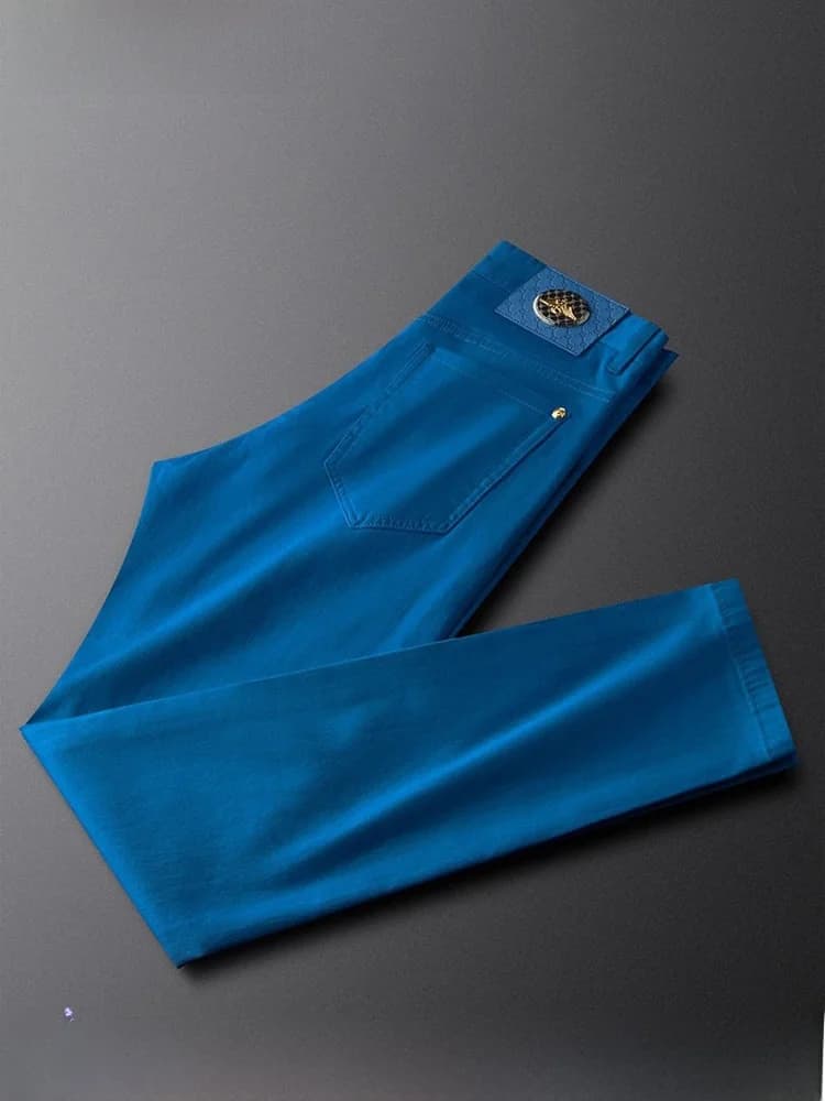 Blue Slim Fit Men's Jeans Luxury Quali Elastic Busin Casual Pants Faionable Leather Brand Cotton Polyester Blend
