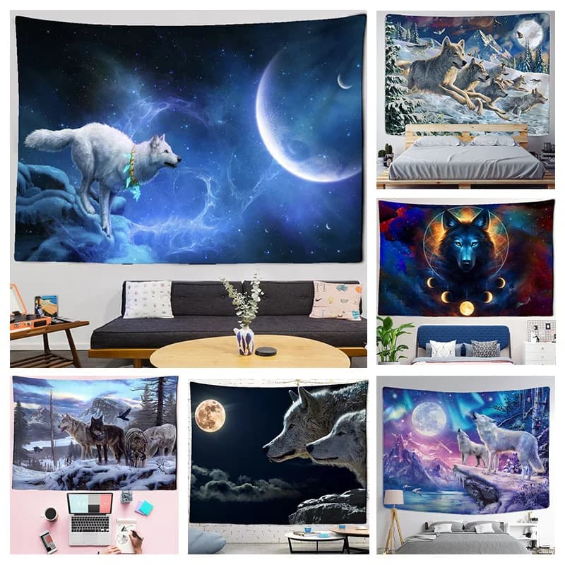 Fantasy wolf tapestry wall hanging animal aesthetic room decoration bohemian psychedelic mandala home dormitory wall decoration