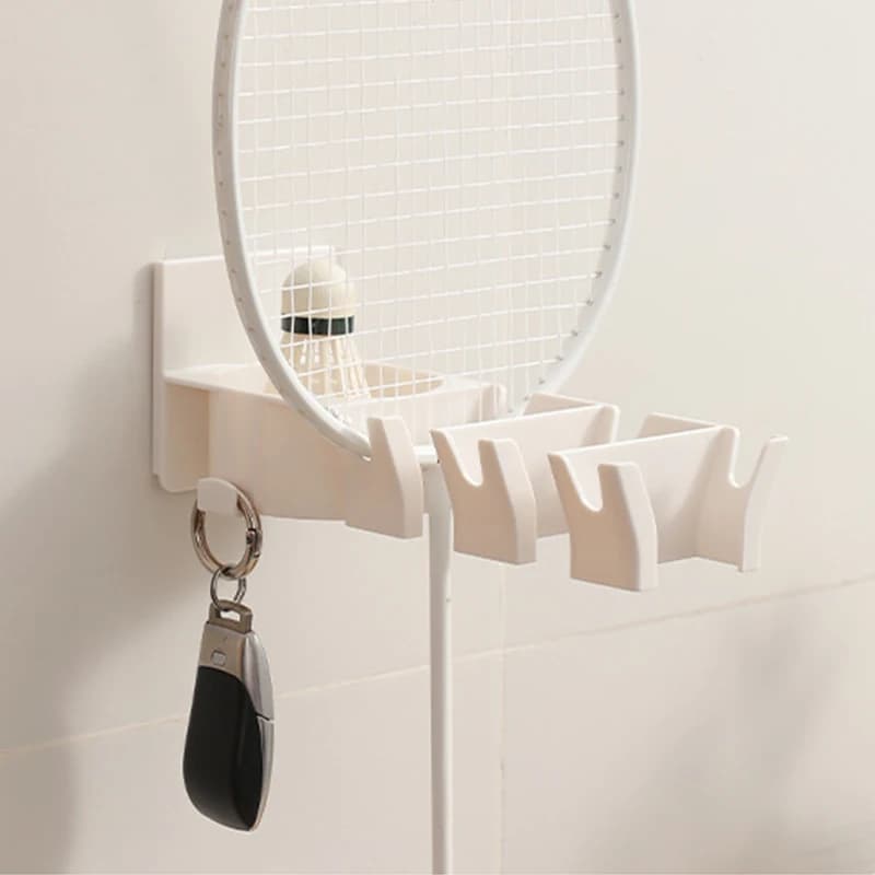 Wall Mounted Badminton Racket Holder Punch Free With Ball Hanger 3-Slots Storage Rack For Tennis Pickleball Ping Pong Paddle