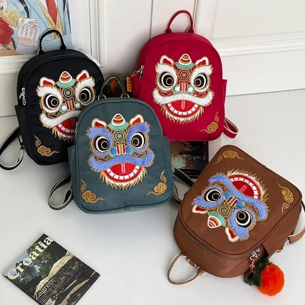 Vintage Lion Doll Backpack Chinese Style Large Capacity School Bag Lion Dance Pattern Under 20L Book Bag for Boys and Girls