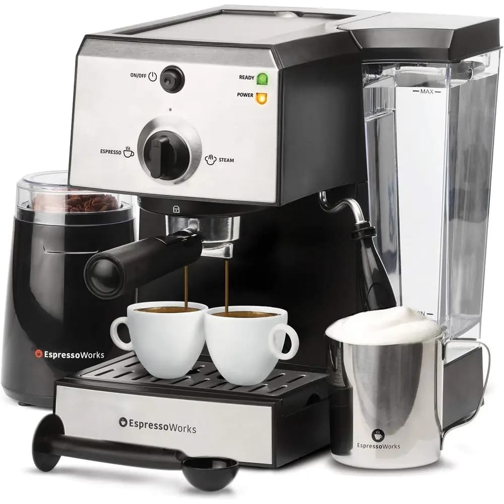 Macchina per Espresso a 7 Funzioni con Vaporizzatore Integrato, Macinacaffè, Accessori per Montare il Latte e 2 Tazze - Acciaio Inossidabile (Re