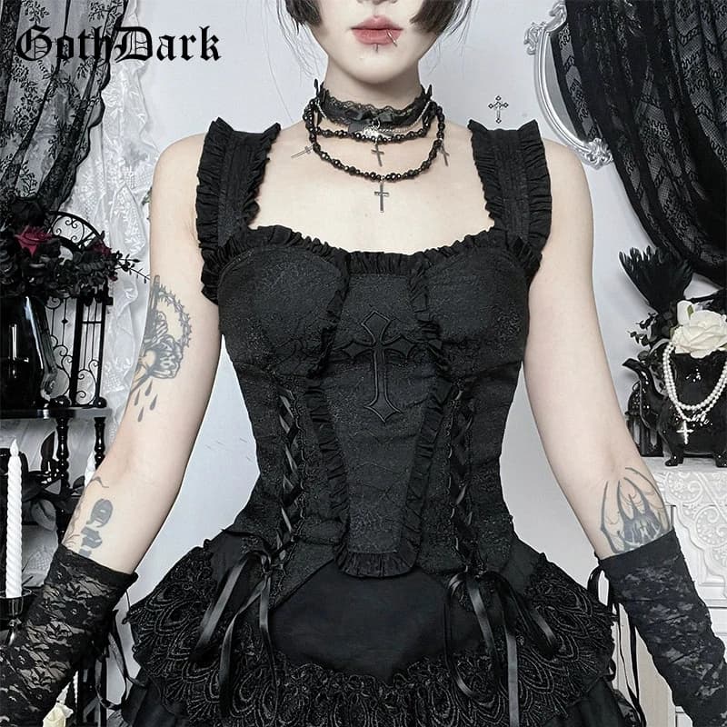Jacquard Gothic Canot Top, Punk Style Y2K Chic Streetwear, Crop Sleeveless Sleeveless T-shirt, Cross-breeding vest, Summer Clothing